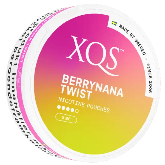 XQS Berrynana Twist Strong nicotine pouches lata sabor banana y frutos rojos