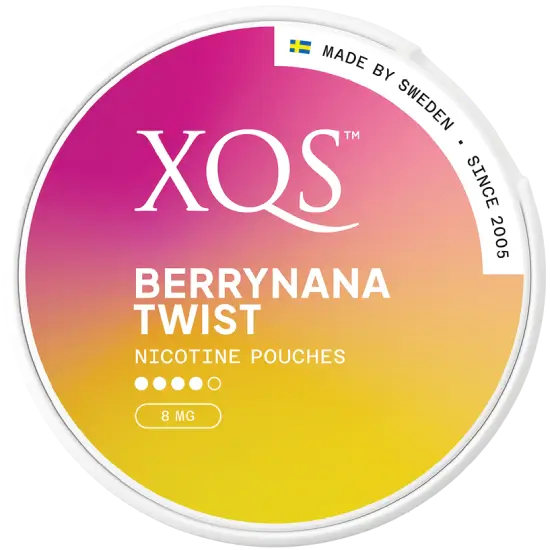 XQS Berrynana Twist Strong slim nicotine pouches detalle pouches sabor banana frutos rojos