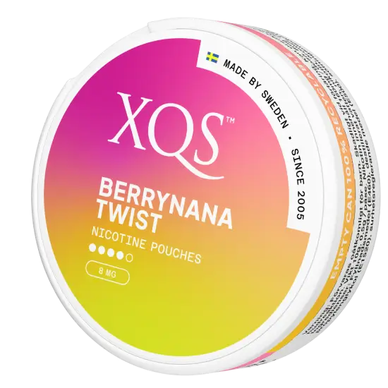 XQS Berrynana Twist Strong nicotine pouches sin tabaco sabor banana y frutos rojos formato slim